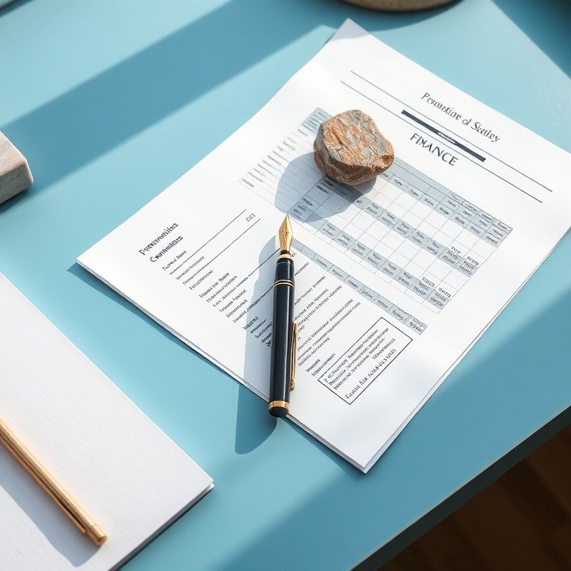 Strukturirani finančni dokumenti in nalivno pero na azurnem delovnem pultu
